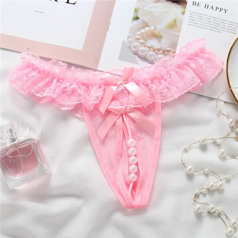 Toucheart Massage Beads Thong Lingerie Open Crotch Underwear Lady Crotchless Lace Panties With Bow Lingerie