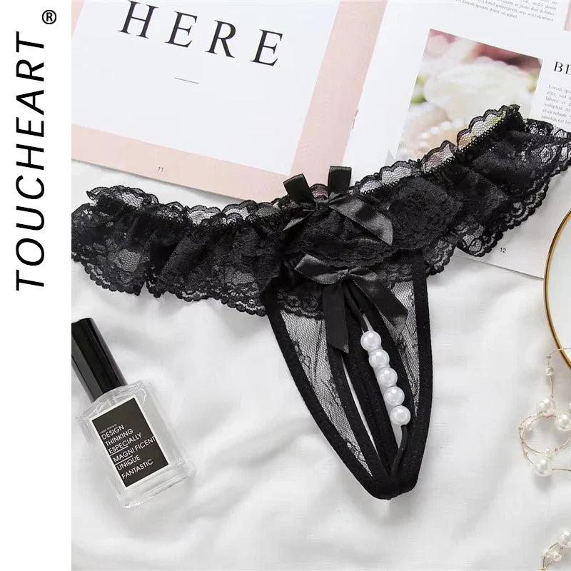 Toucheart Massage Beads Thong Lingerie Open Crotch Underwear Lady Crotchless Lace Panties With Bow Lingerie