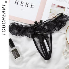 Toucheart Massage Beads Thong Lingerie Open Crotch Underwear Lady Crotchless Lace Panties With Bow Lingerie