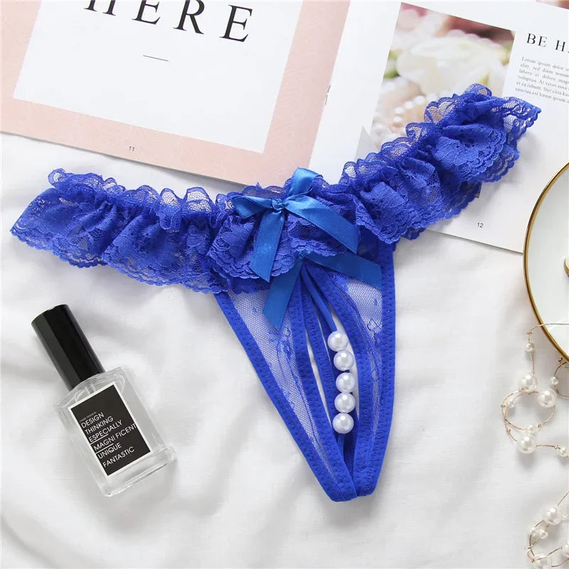 Toucheart Massage Beads Thong Lingerie Open Crotch Underwear Lady Crotchless Lace Panties With Bow Lingerie