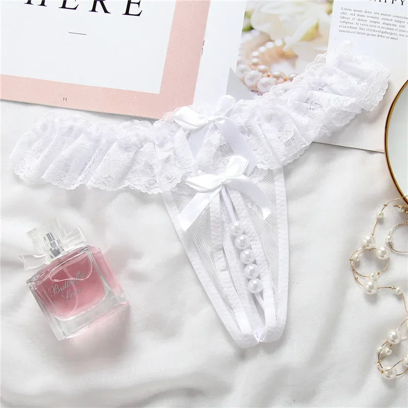 Toucheart Massage Beads Thong Lingerie Open Crotch Underwear Lady Crotchless Lace Panties With Bow Lingerie