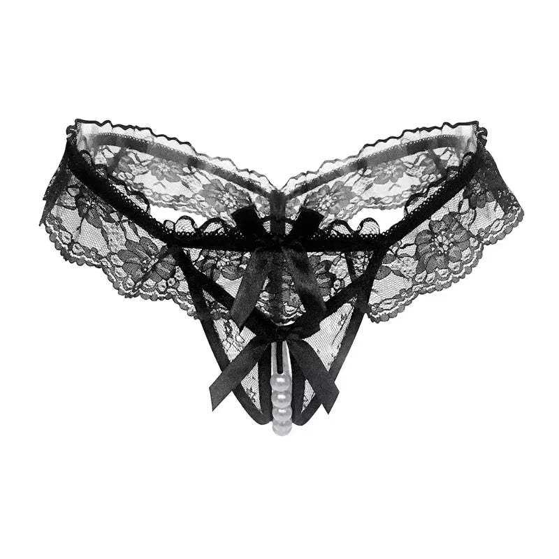 Toucheart Massage Beads Thong Lingerie Open Crotch Underwear Lady Crotchless Lace Panties With Bow Lingerie