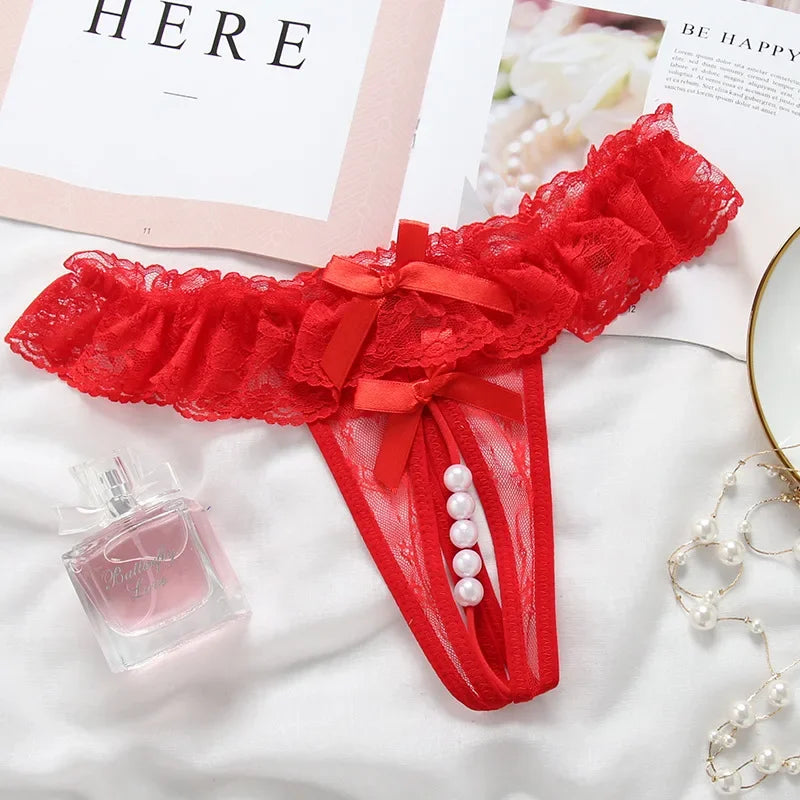 Toucheart Massage Beads Thong Lingerie Open Crotch Underwear Lady Crotchless Lace Panties With Bow Lingerie
