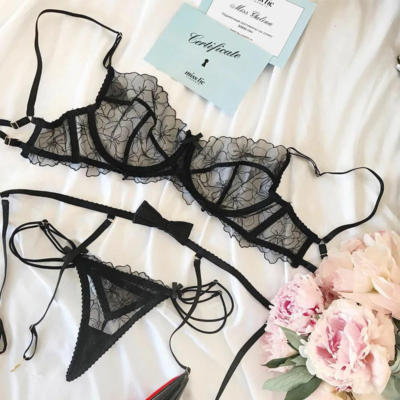 Toucheart Lingerie 3-piece Set Embroidered Lace Bow Garter Belt Solid Color Transparent Underwear Set