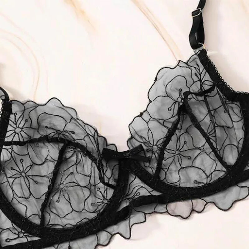 Toucheart Lingerie 3-piece Set Embroidered Lace Bow Garter Belt Solid Color Transparent Underwear Set