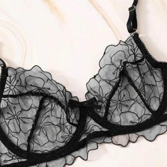 Toucheart Lingerie 3-piece Set Embroidered Lace Bow Garter Belt Solid Color Transparent Underwear Set