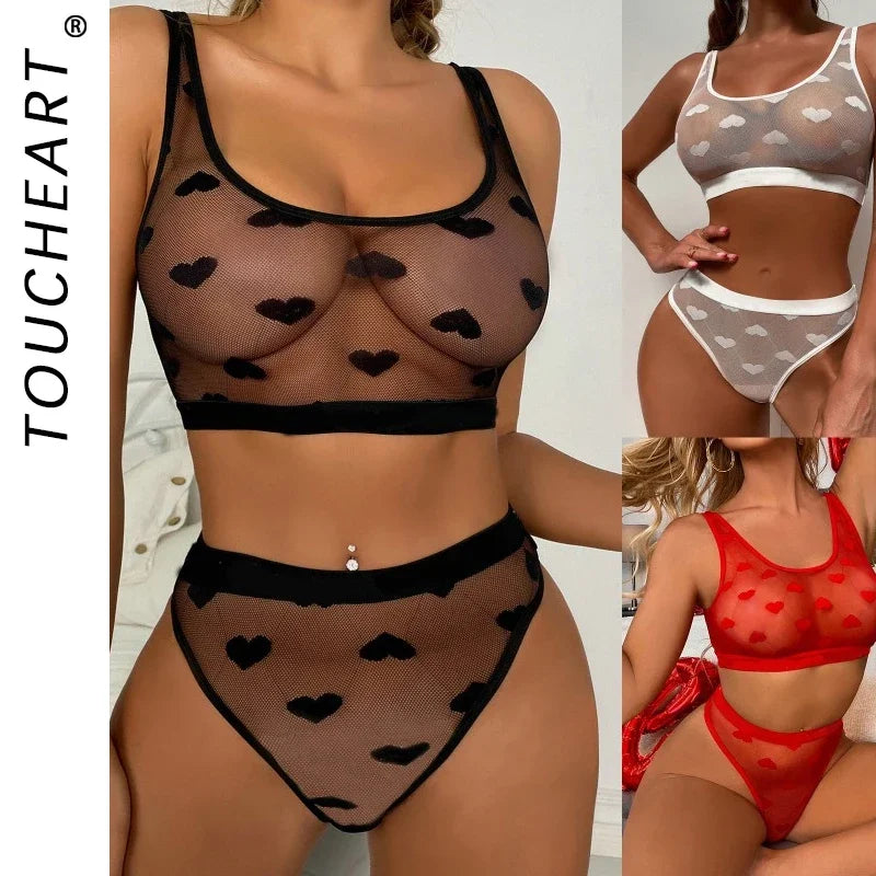 Toucheart Lingerie Mesh Printed Passionate Fun Underwear Suit Mesh See-through Lingerie Set