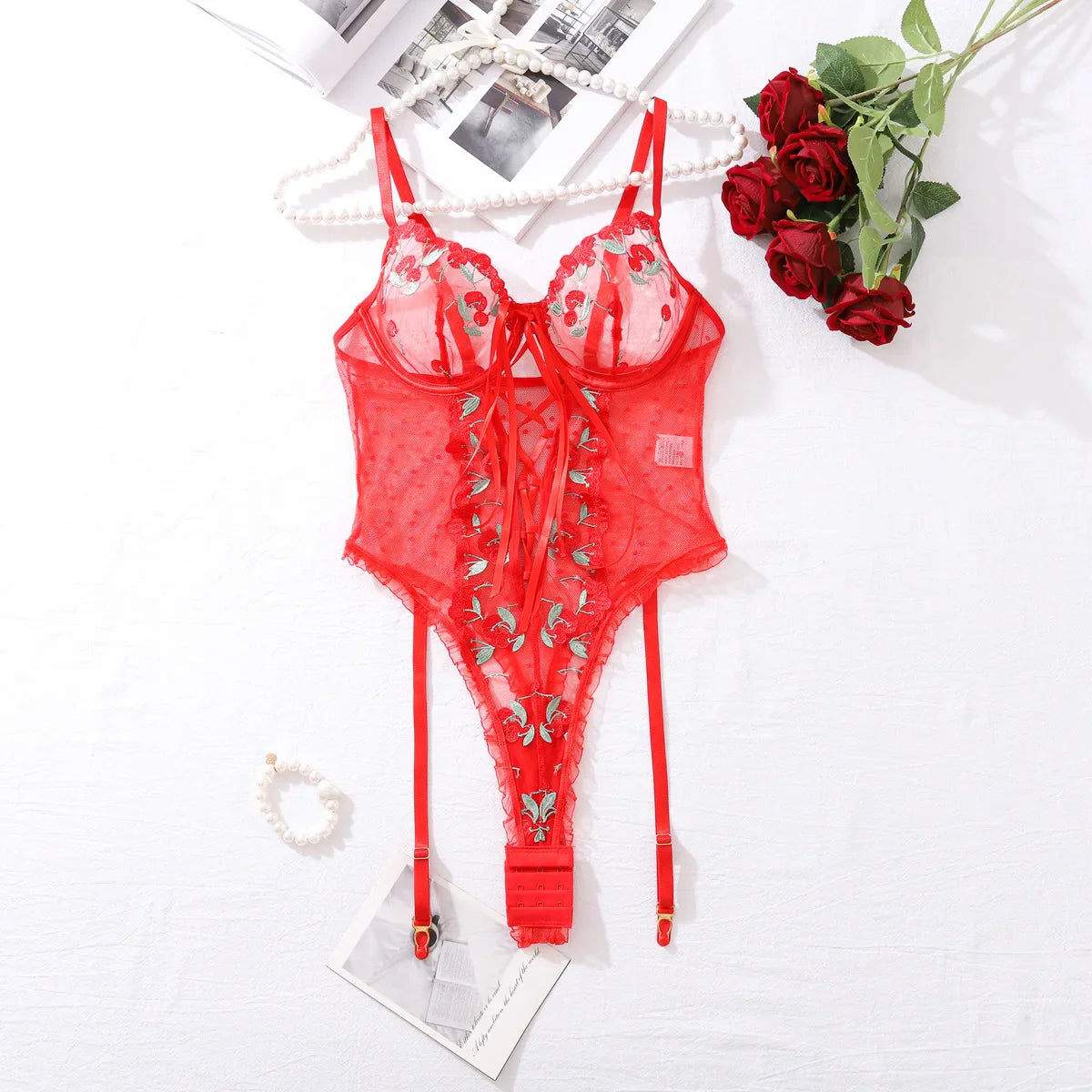 Toucheart Lingerie Red Lace Body Sissy Open Crotch Adults Fancy Floral Lace Up Tights