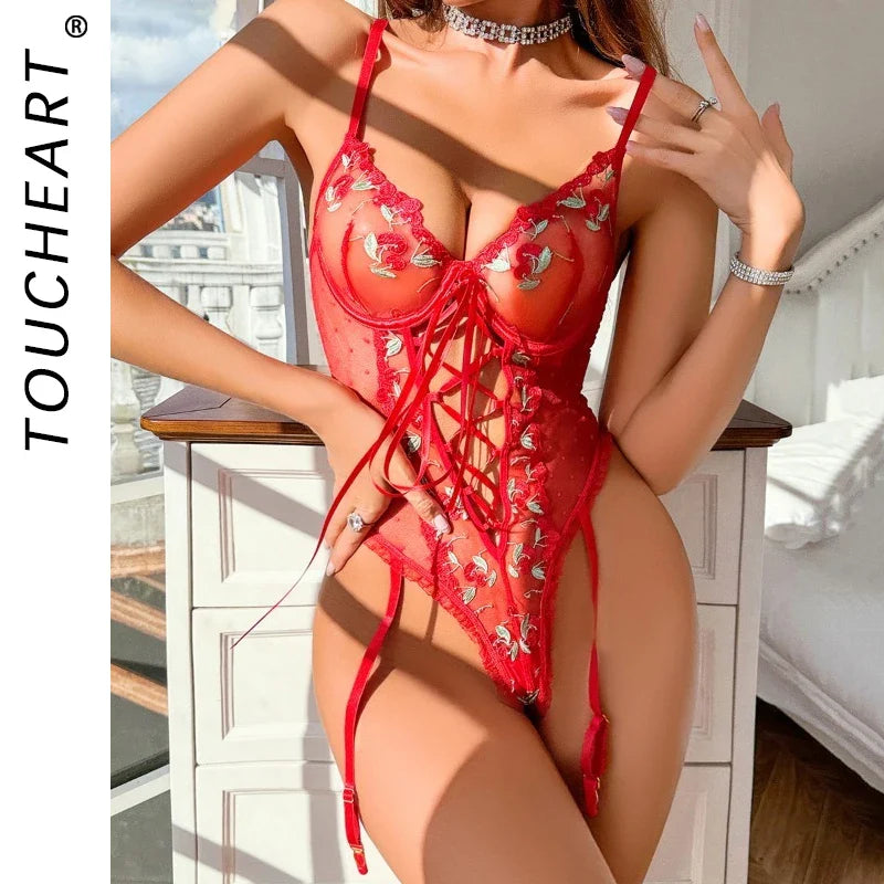 Toucheart Lingerie Red Lace Body Sissy Open Crotch Adults Fancy Floral Lace Up Tights