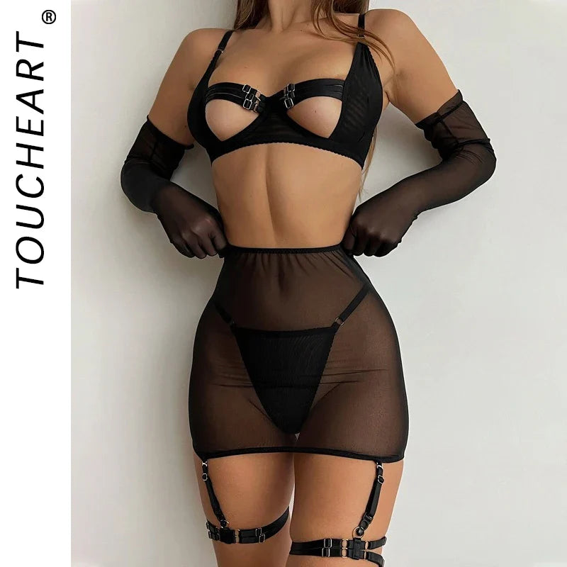 Toucheart Underwear Set Lace Up Mesh See-through Solid Color Garters Lingerie Set