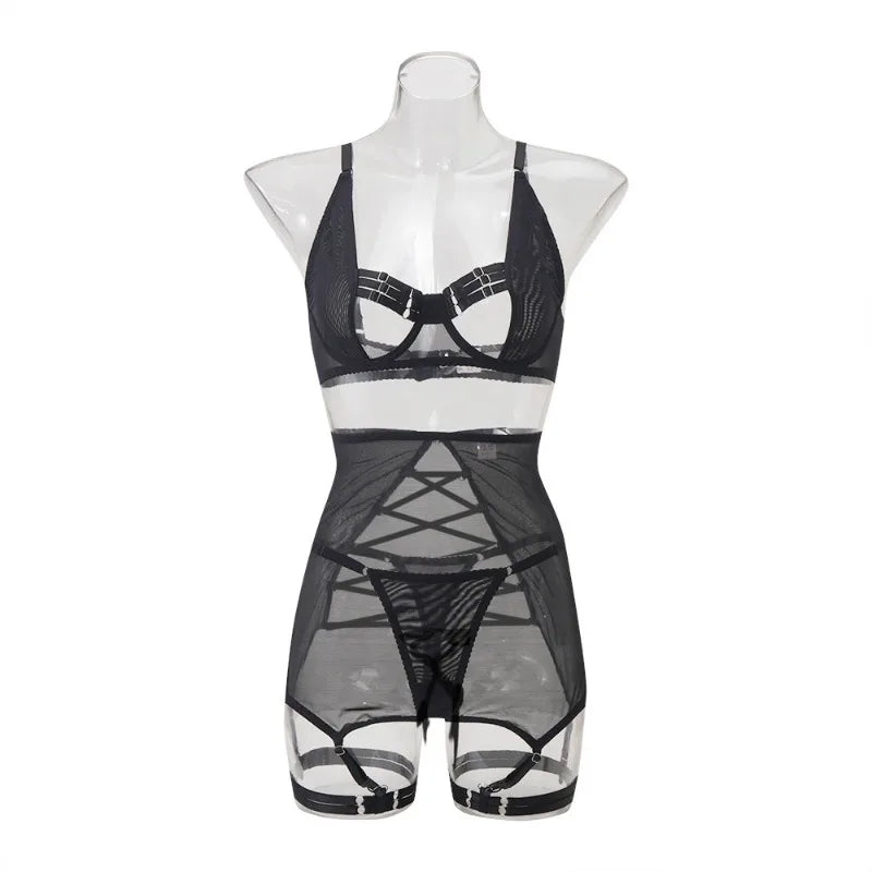 Toucheart Underwear Set Lace Up Mesh See-through Solid Color Garters Lingerie Set