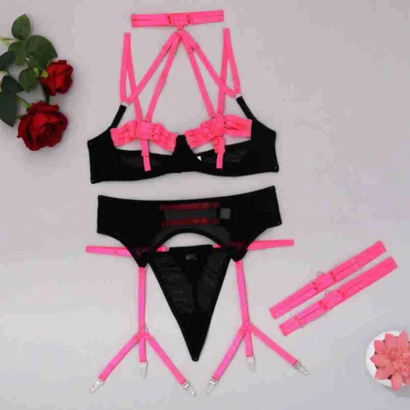 Toucheart Underwear Set Mesh Contrast Color Garters See-through Underwear