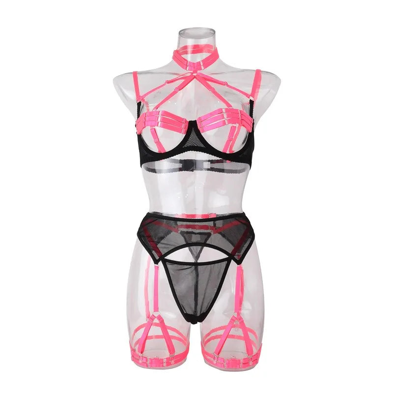 Toucheart Underwear Set Mesh Contrast Color Garters See-through Underwear