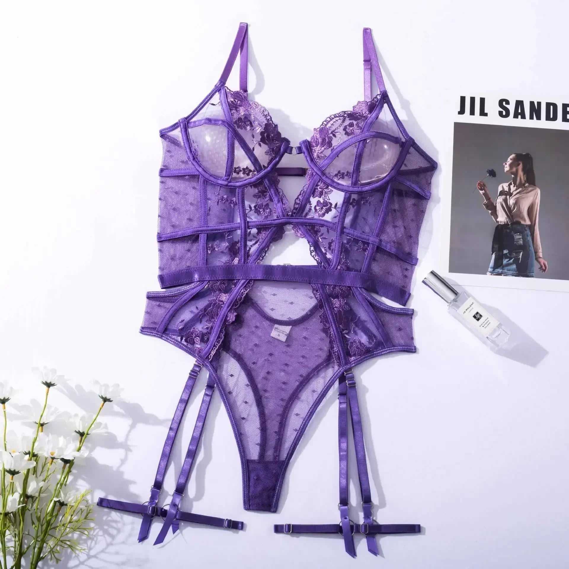 Toucheart Jumpsuit Embroidered Printing See-Through Lingerie  Backless Pajamas Jumpsuit