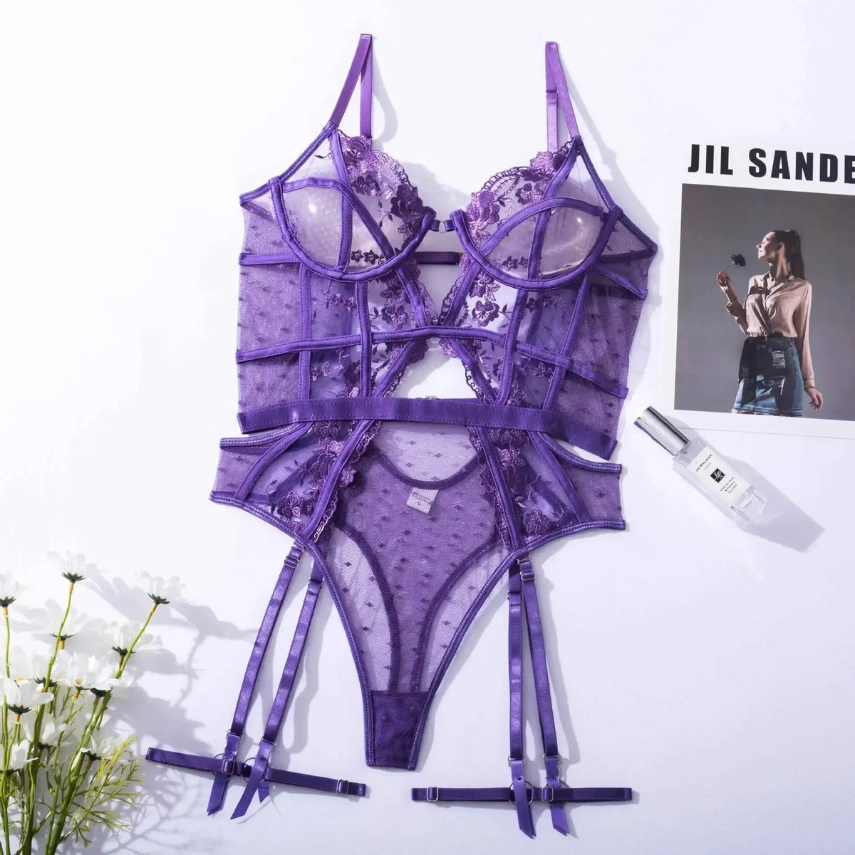 Toucheart Jumpsuit Embroidered Printing See-Through Lingerie  Backless Pajamas Jumpsuit