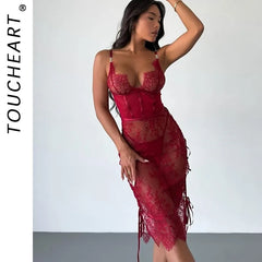 Toucheart Lace Solid Color Bodycon Dress Slim Backless Embroiderysee-throughunderwear Set