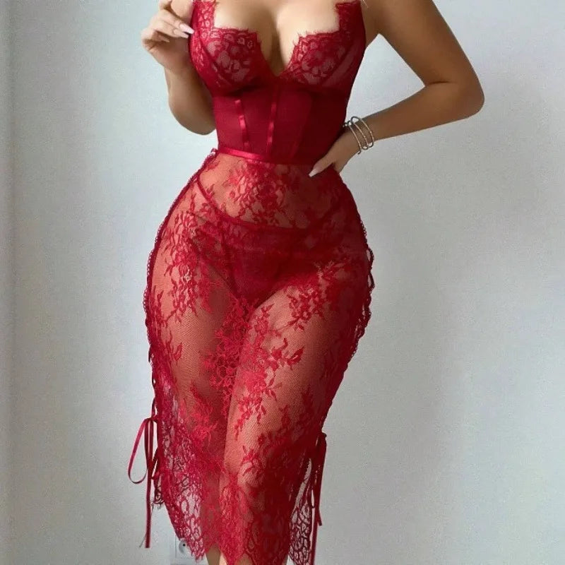 Toucheart Lace Solid Color Bodycon Dress Slim Backless Embroiderysee-throughunderwear Set