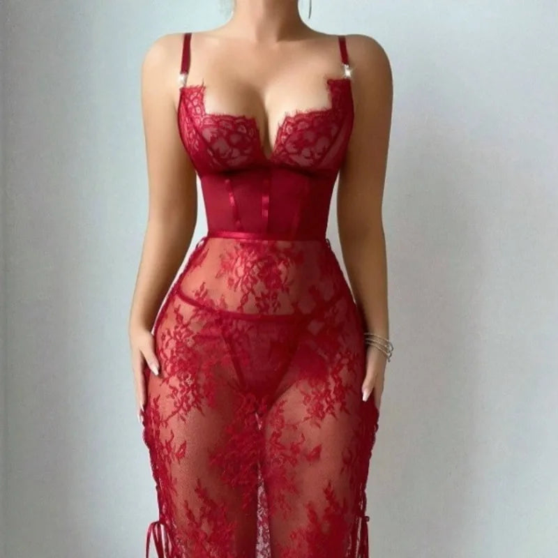 Toucheart Lace Solid Color Bodycon Dress Slim Backless Embroiderysee-throughunderwear Set