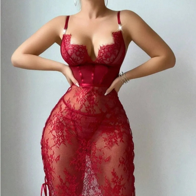 Toucheart Lace Solid Color Bodycon Dress Slim Backless Embroiderysee-throughunderwear Set