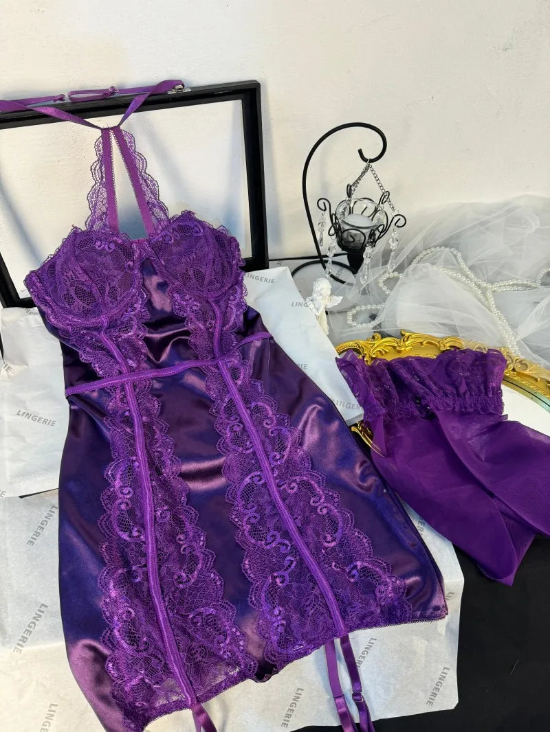 Toucheart Lace Jumpsuit Set Solid Color Mesh Underwear Stocking Garters Nightgown Strapless Underwear Set