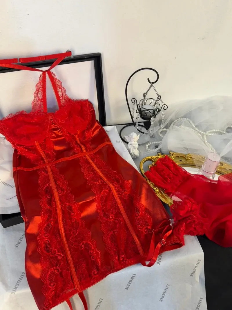 Toucheart Lace Jumpsuit Set Solid Color Mesh Underwear Stocking Garters Nightgown Strapless Underwear Set