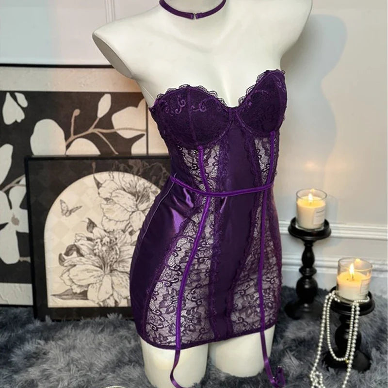 Toucheart Lace Jumpsuit Set Solid Color Mesh Underwear Stocking Garters Nightgown Strapless Underwear Set