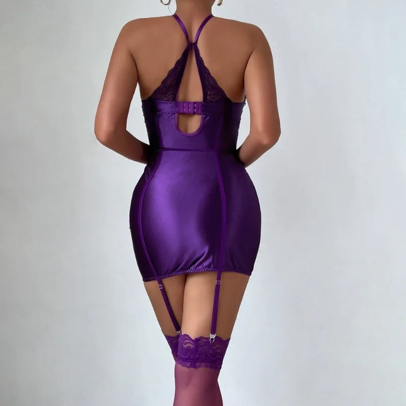 Toucheart Lace Jumpsuit Set Solid Color Mesh Underwear Stocking Garters Nightgown Strapless Underwear Set