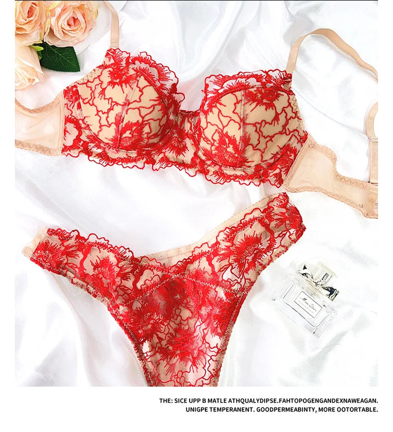 Toucheart Lace Lingerie Panty Embroidery See-through Slim Backless Charming Underwear Set
