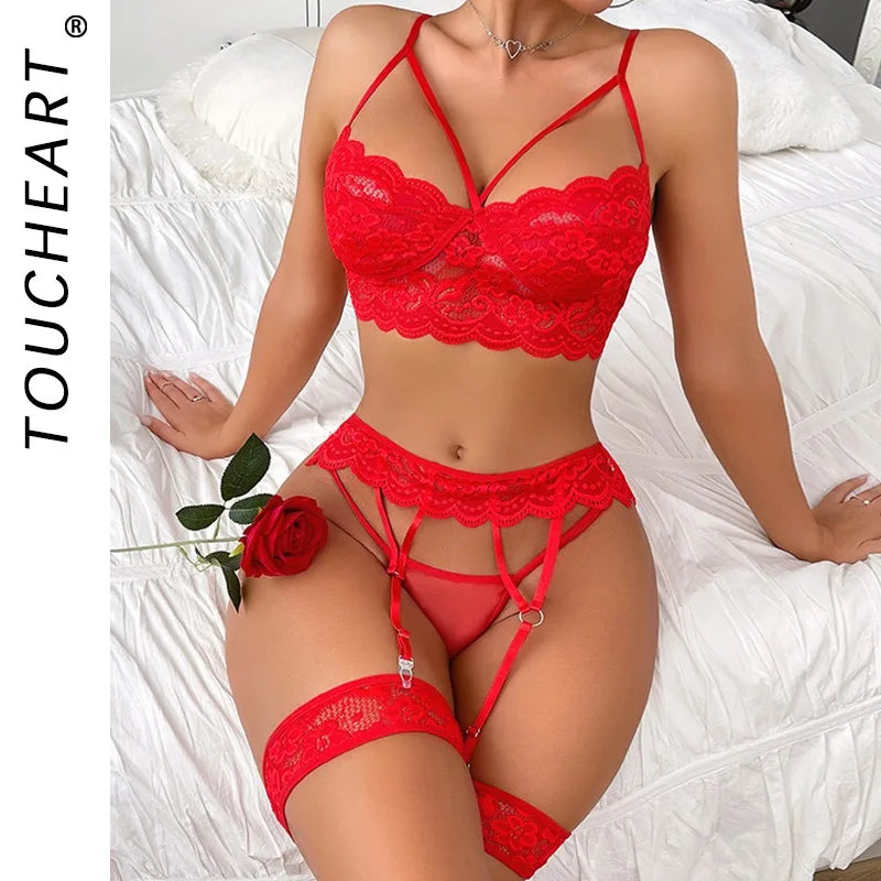 Toucheart Lace Lingerie Panty Garters 3PCS See-through Slim Backless Erotic Romantic Intimate Underwear Set