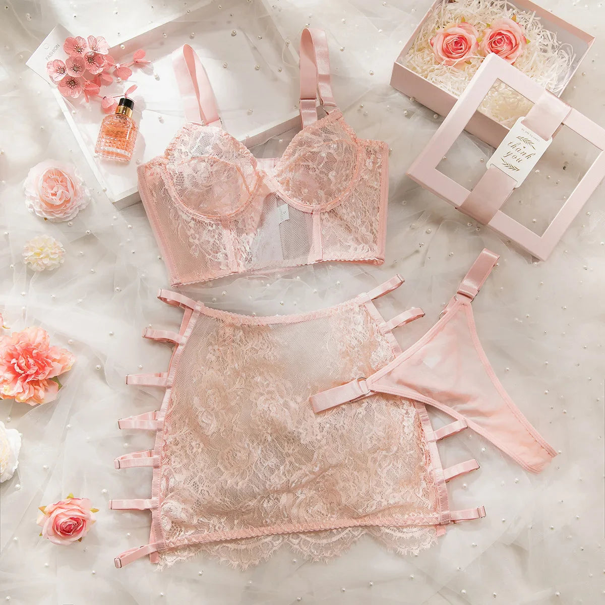 Toucheart Lace Lingerie Panty Mesh Skirt Slim See-through Floral Romantic Underwear Split Kit