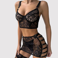 Toucheart Lace Lingerie Panty Mesh Skirt Slim See-through Floral Romantic Underwear Split Kit