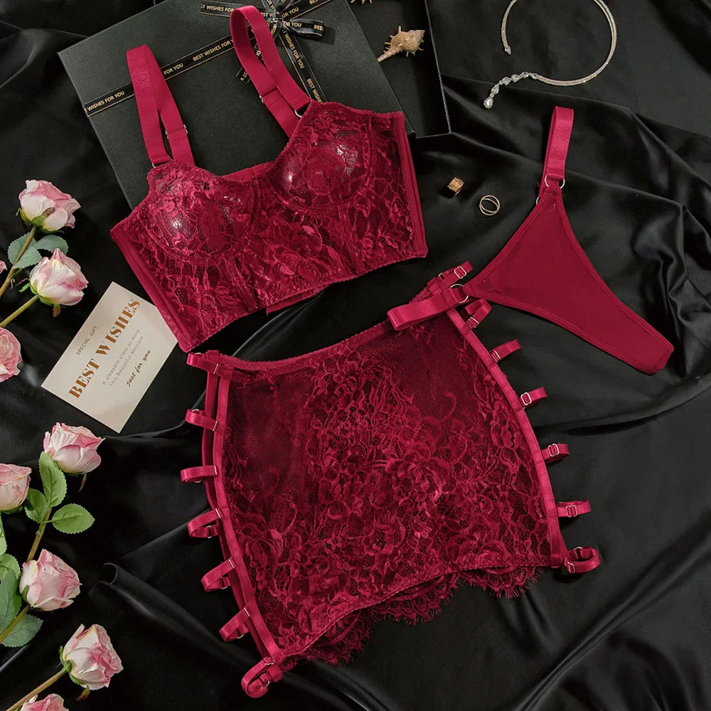Toucheart Lace Lingerie Panty Mesh Skirt Slim See-through Floral Romantic Underwear Split Kit