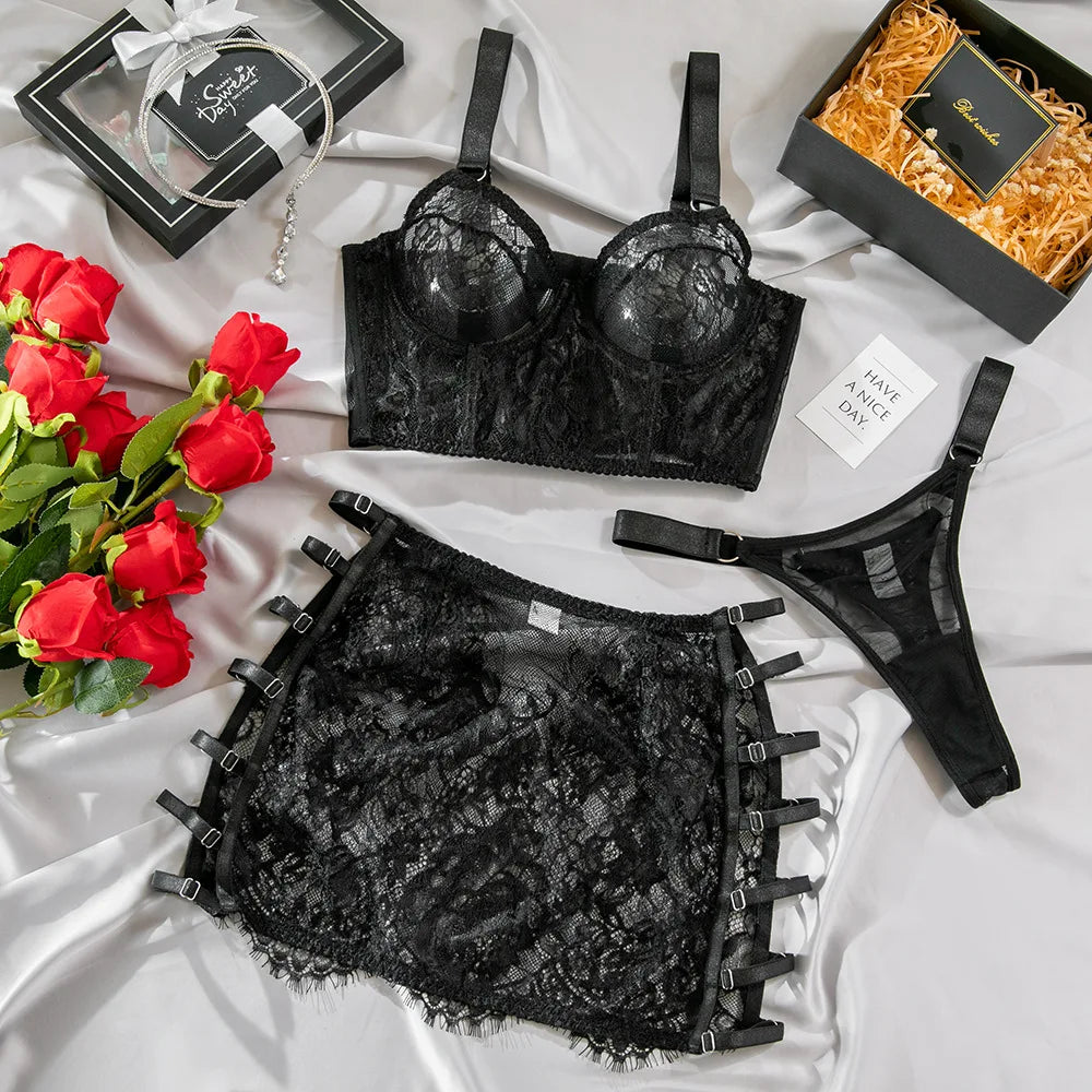 Toucheart Lace Lingerie Panty Mesh Skirt Slim See-through Floral Romantic Underwear Split Kit