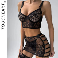 Toucheart Lace Lingerie Panty Mesh Skirt Slim See-through Floral Romantic Underwear Split Kit