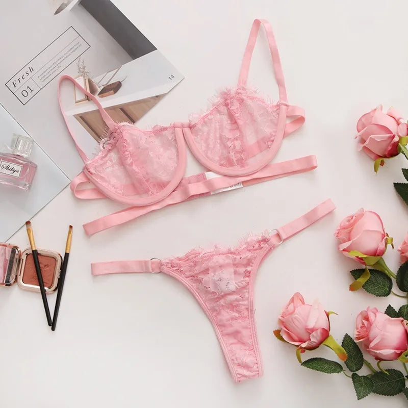 Toucheart Lace Lingerie Set 3 Point Underwear Mesh Printing Perspective Steel Ring Bra Underwear Suit