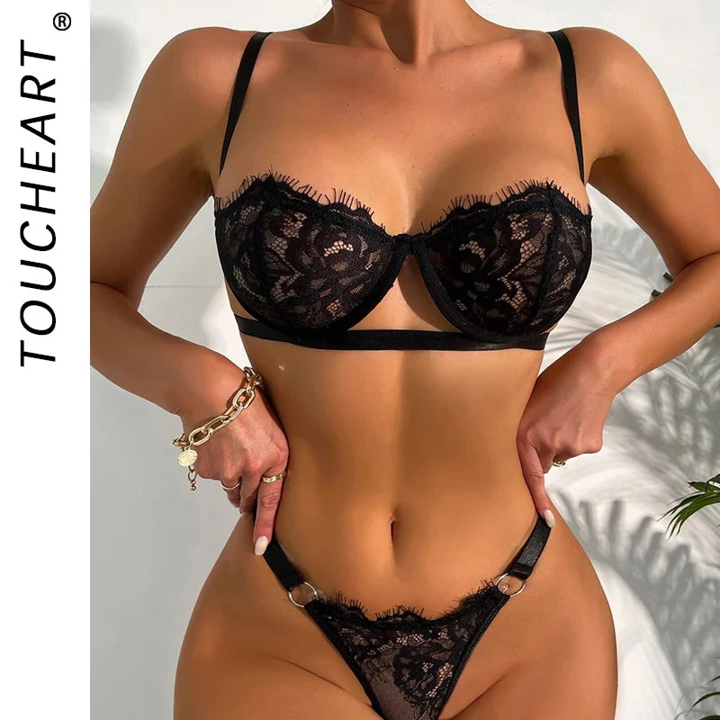 Toucheart Lace Lingerie Set 3 Point Underwear Mesh Printing Perspective Steel Ring Bra Underwear Suit