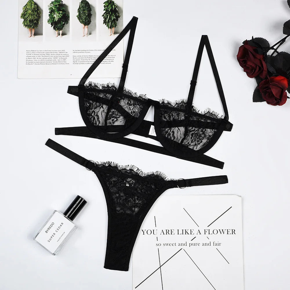 Toucheart Lace Lingerie Set 3 Point Underwear Mesh Printing Perspective Steel Ring Bra Underwear Suit
