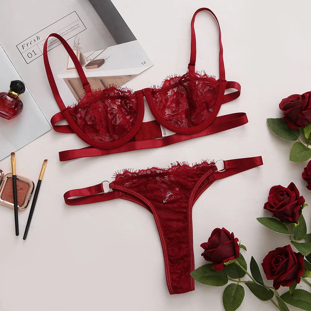 Toucheart Lace Lingerie Set 3 Point Underwear Mesh Printing Perspective Steel Ring Bra Underwear Suit