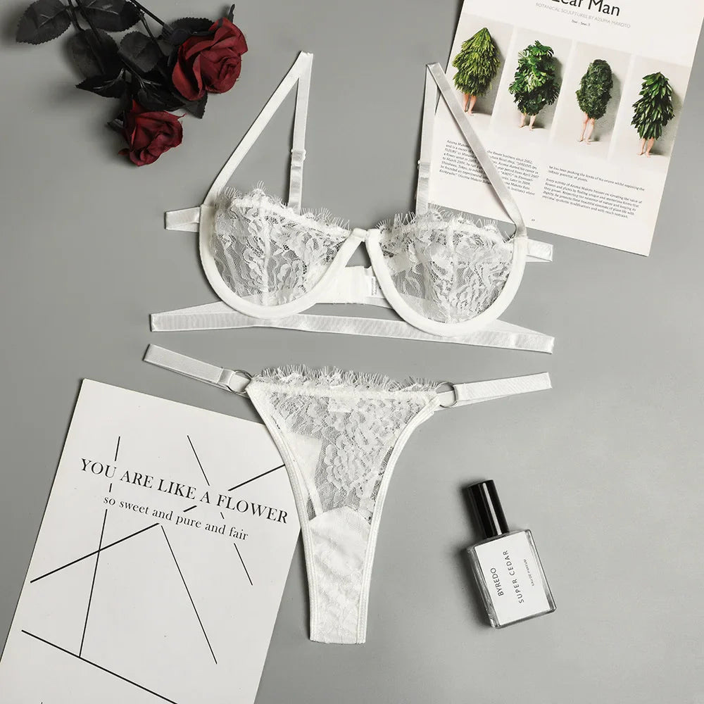 Toucheart Lace Lingerie Set 3 Point Underwear Mesh Printing Perspective Steel Ring Bra Underwear Suit