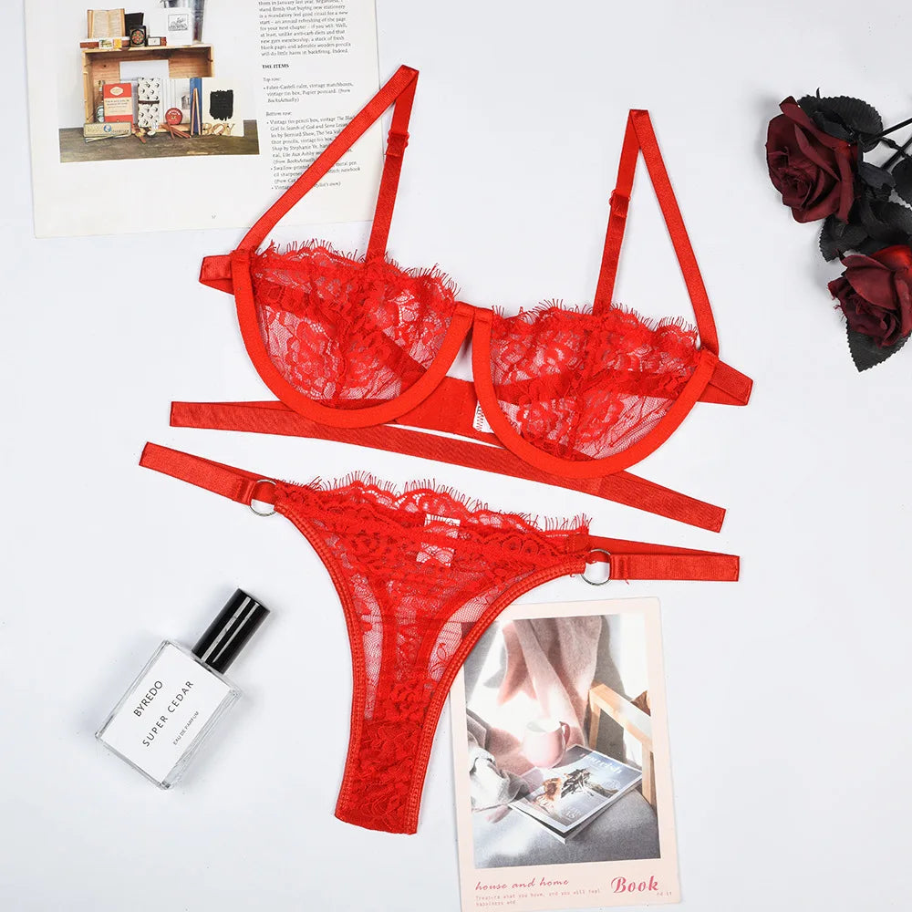 Toucheart Lace Lingerie Set 3 Point Underwear Mesh Printing Perspective Steel Ring Bra Underwear Suit