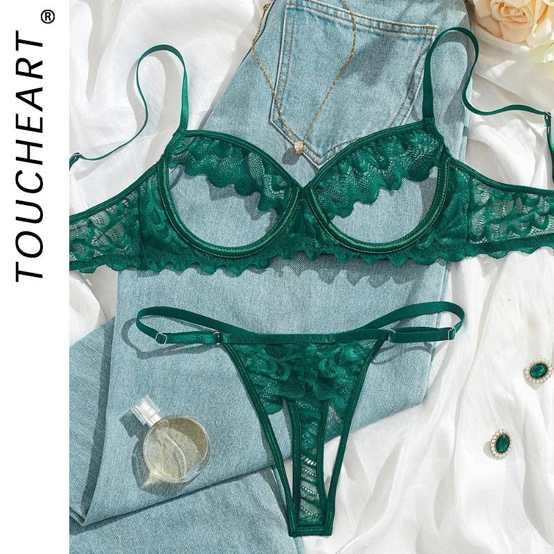 Toucheart Lace Lingerie Suit Lace Mesh Breast Revealing Lingerie Two-piece Fun Underwear
