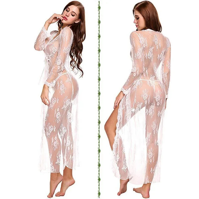 Toucheart Lace Mesh Transparent Robe Nightgown See-Through Lace Printing Deep V-Neck Home Ultrathin Nightgown