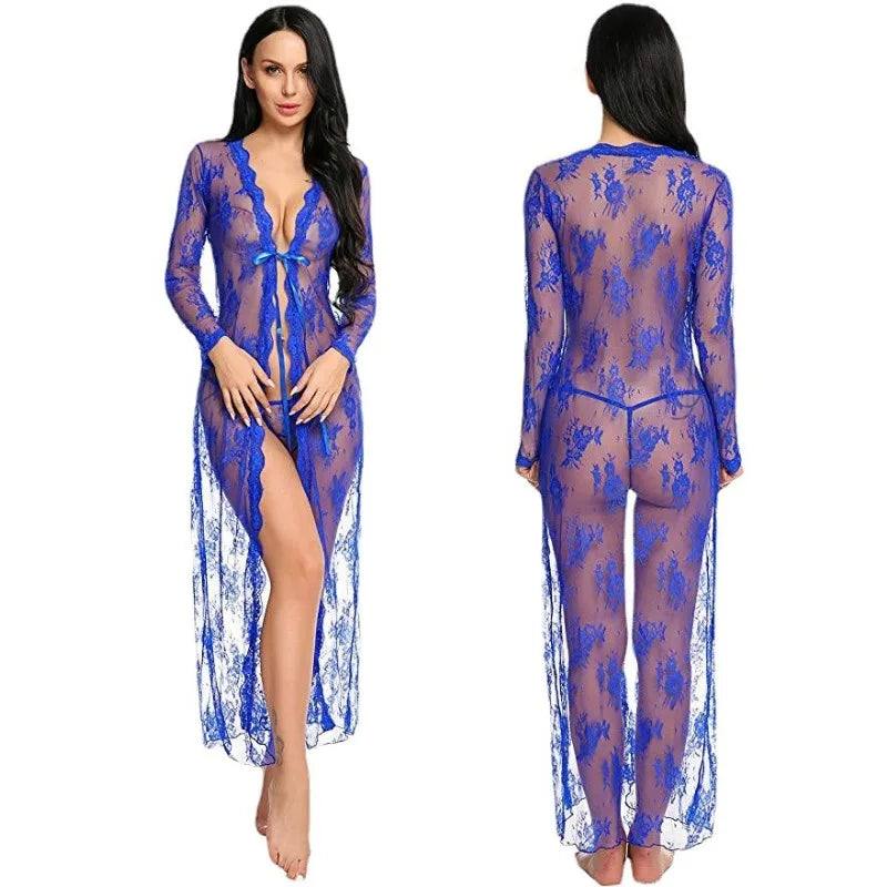 Toucheart Lace Mesh Transparent Robe Nightgown See-Through Lace Printing Deep V-Neck Home Ultrathin Nightgown