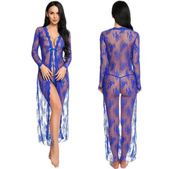 Toucheart Lace Mesh Transparent Robe Nightgown See-Through Lace Printing Deep V-Neck Home Ultrathin Nightgown