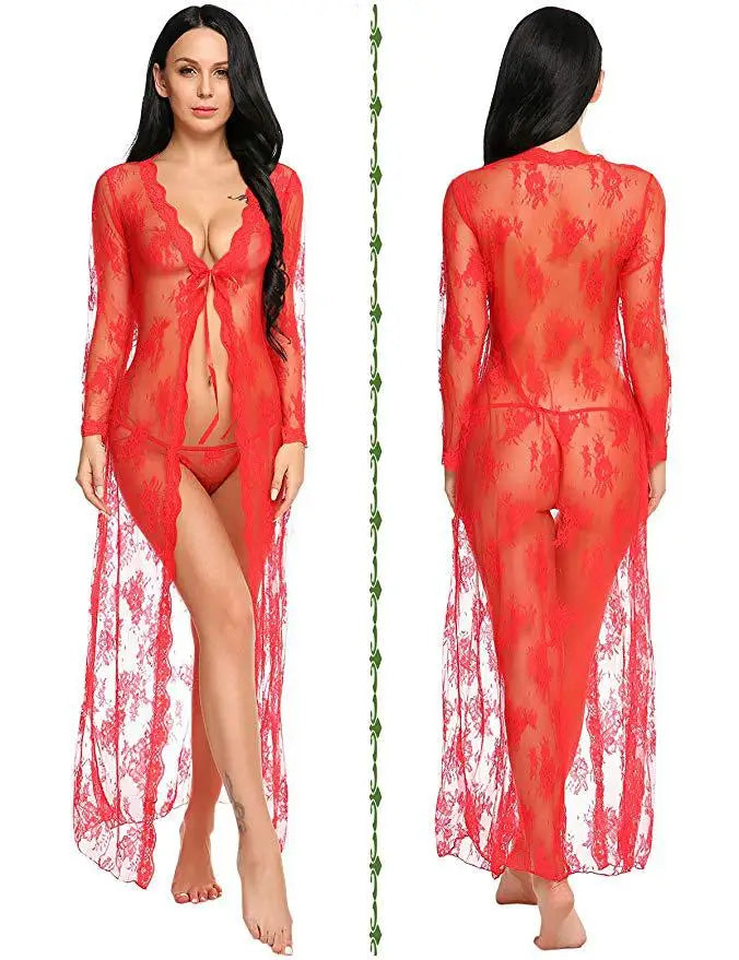 Toucheart Lace Mesh Transparent Robe Nightgown See-Through Lace Printing Deep V-Neck Home Ultrathin Nightgown