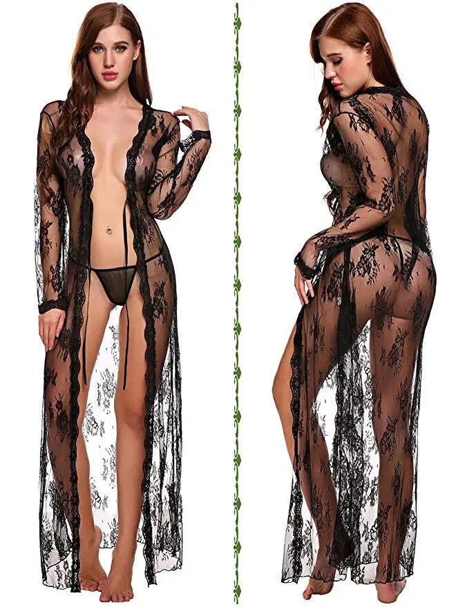 Toucheart Lace Mesh Transparent Robe Nightgown See-Through Lace Printing Deep V-Neck Home Ultrathin Nightgown