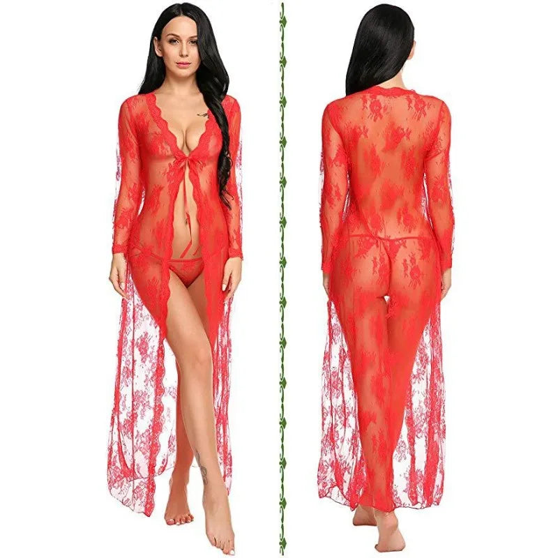 Toucheart Lace Mesh Transparent Robe Nightgown See-Through Lace Printing Deep V-Neck Home Ultrathin Nightgown