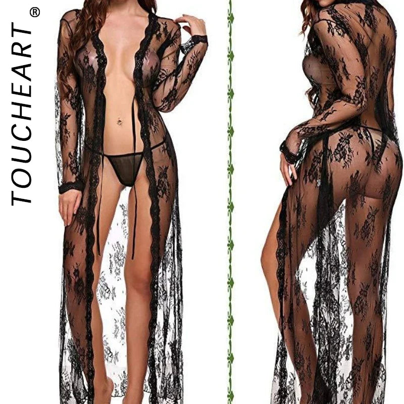 Toucheart Lace Mesh Transparent Robe Nightgown See-Through Lace Printing Deep V-Neck Home Ultrathin Nightgown
