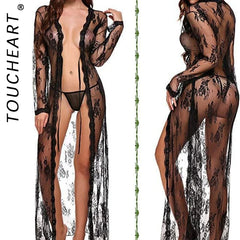 Toucheart Lace Mesh Transparent Robe Nightgown See-Through Lace Printing Deep V-Neck Home Ultrathin Nightgown