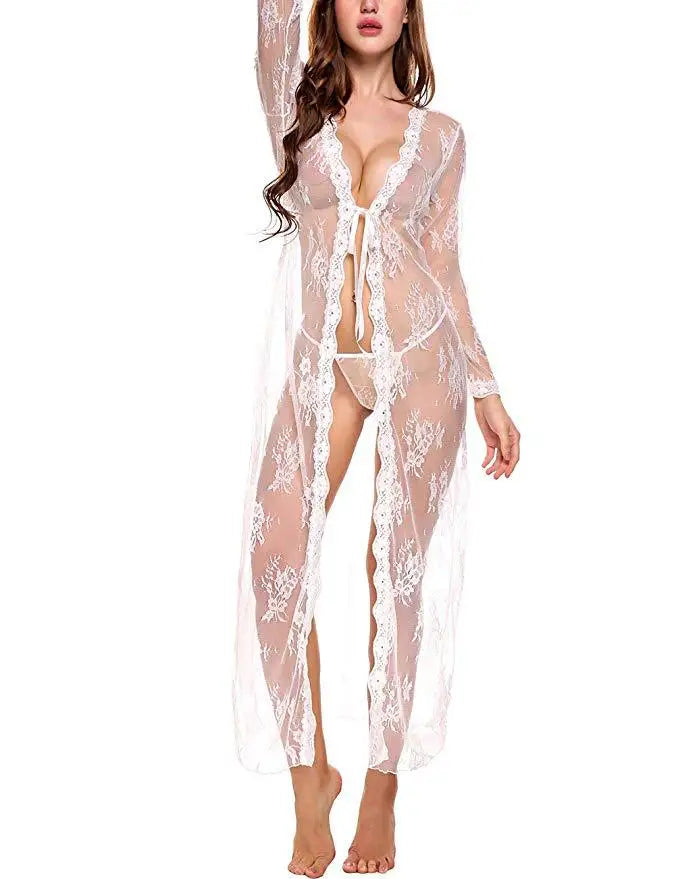 Toucheart Lace Mesh Transparent Robe Nightgown See-Through Lace Printing Deep V-Neck Home Ultrathin Nightgown
